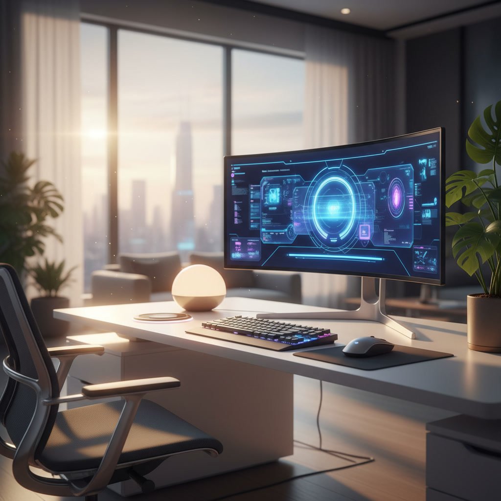 Modern 2026 WFH desk with curved monitor, plant, and golden hour city skyline.