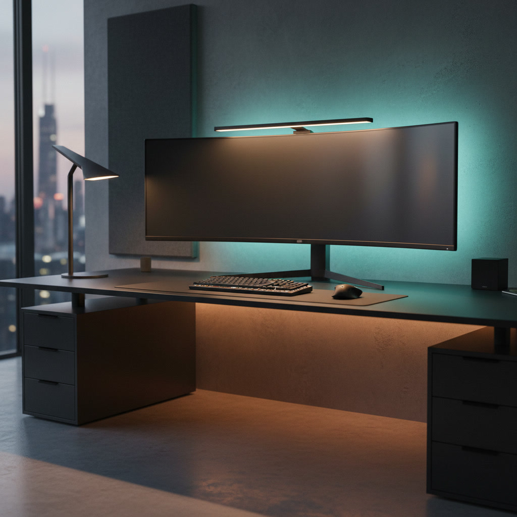 Futuristic 2026 desk with curved ultrawide monitor, keyboard, and glowing cyan and amber lights.