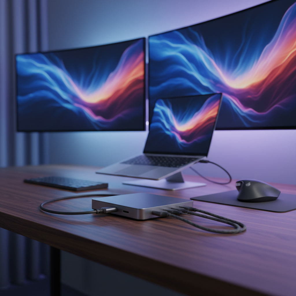 Modern laptop desk setup with a USB-C dock, wireless keyboard, mouse, and dual monitors.