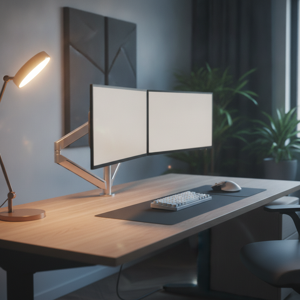 Modern dual monitor desk setup with floating screens, minimalist keyboard, and warm lighting.