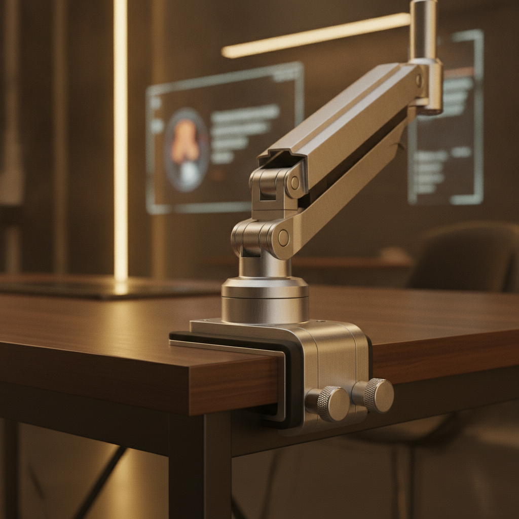 Premium brushed aluminum monitor arm clamp gripping a desk in a blurred futuristic workspace.