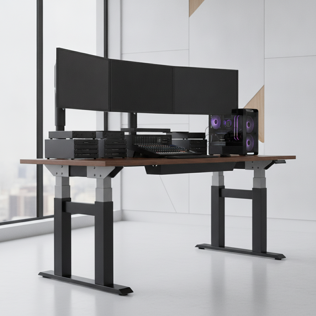 A heavy-duty black standing desk frame holding multiple monitors in a modern workspace.