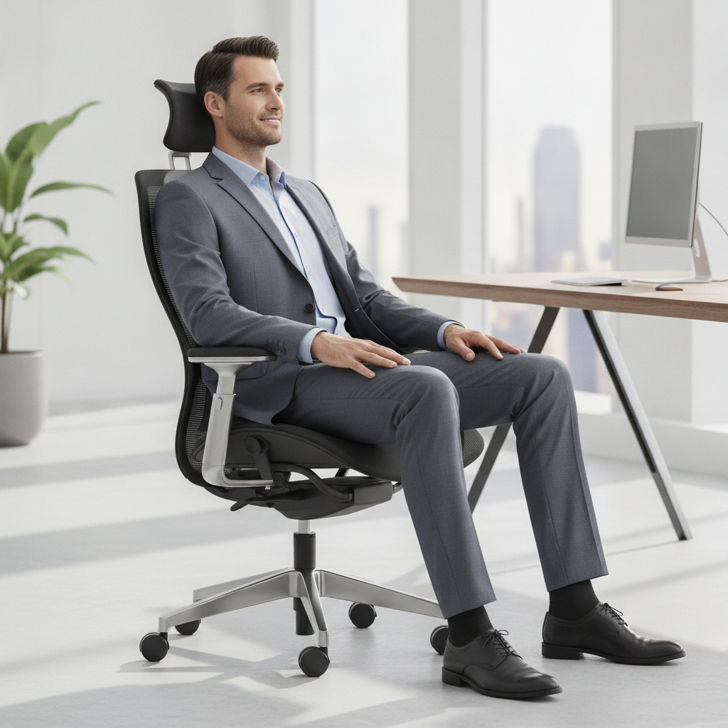 A tall professional man sitting in an ergonomic chair in a bright, modern office.