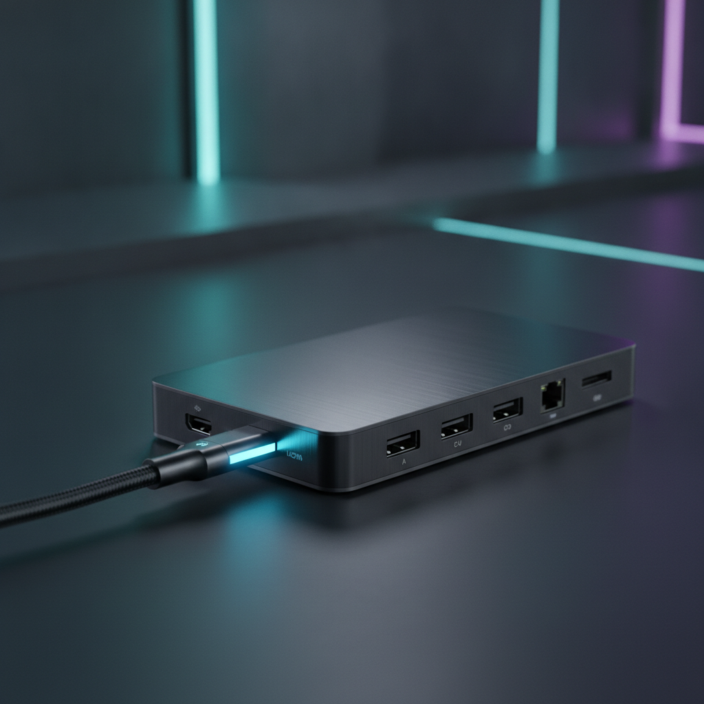 Futuristic USB-C dock with a glowing blue cable on a dark surface, featuring cyan and purple neon.