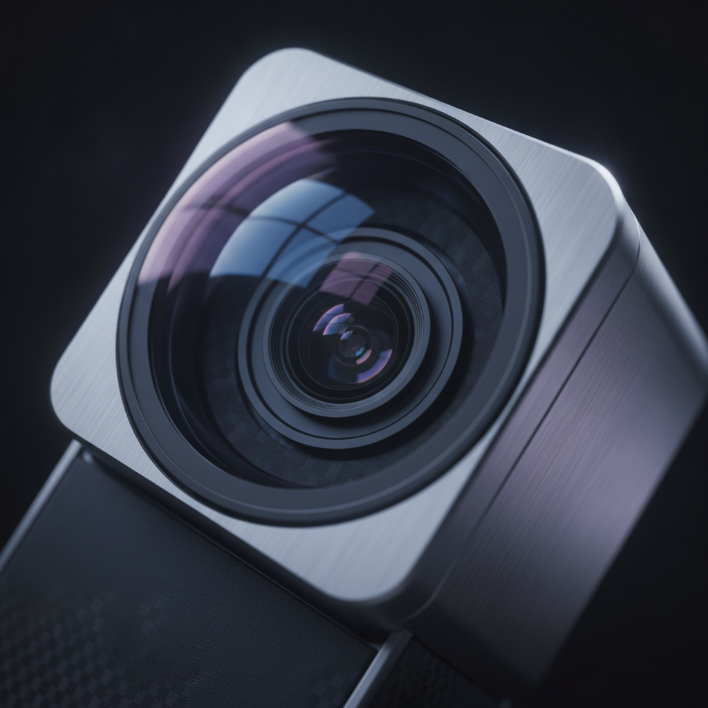 Close-up of a futuristic webcam lens with crisp reflections and cool blue lighting.