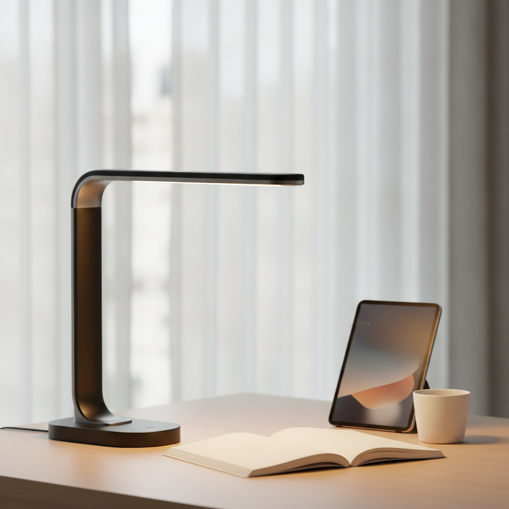 Sleek futuristic matte black desk lamp casting warm light on a minimalist wooden desk.