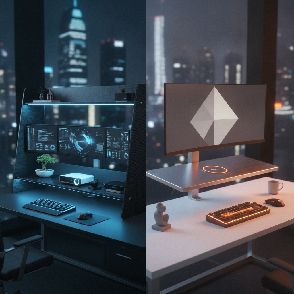 Two futuristic 2026 desk setups: a premium carbon fiber one and a minimalist titanium one.