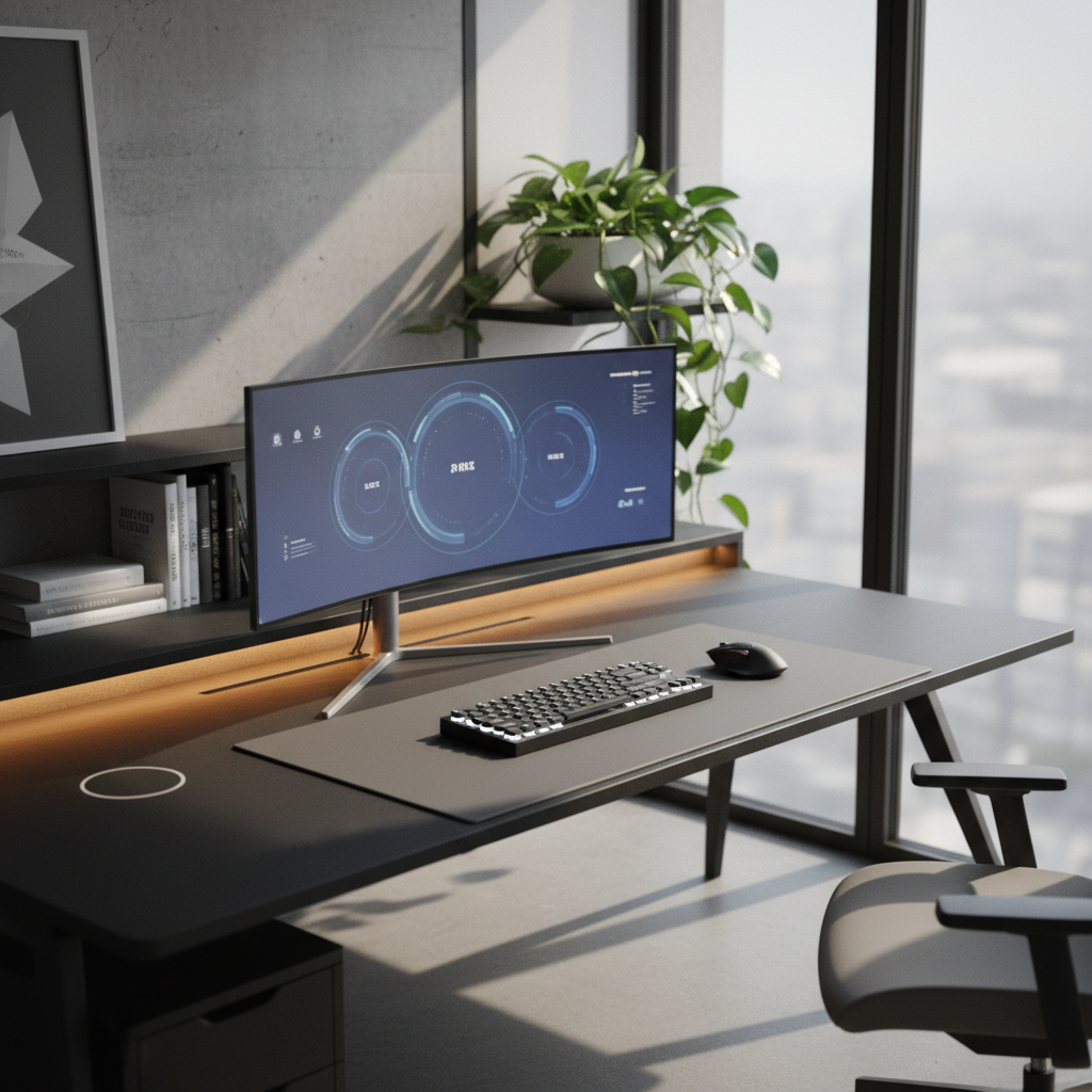 Modern cozy corner desk with a curved monitor, warm LED lights, and a lush green plant.