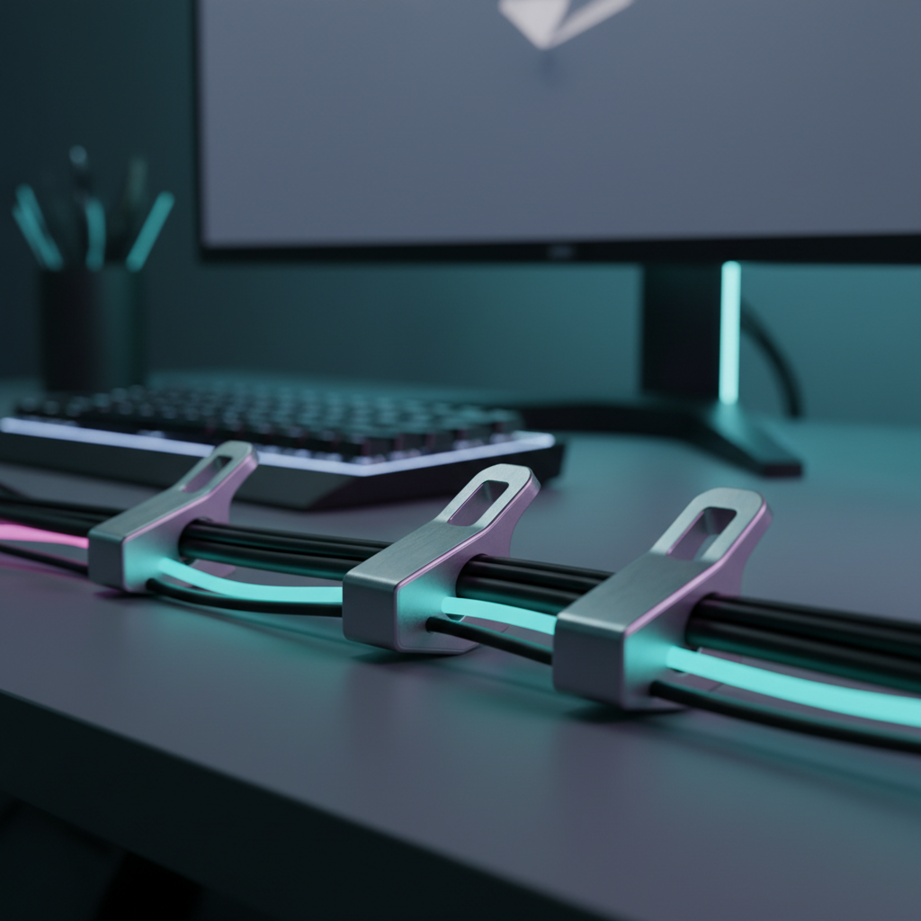 Sleek cable clips organizing glowing fiber-optic cables on a futuristic, moody minimalist desk.