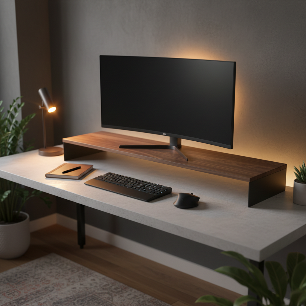 A clean modern desk with a walnut monitor riser, keyboard, and mouse in warm cinematic light.