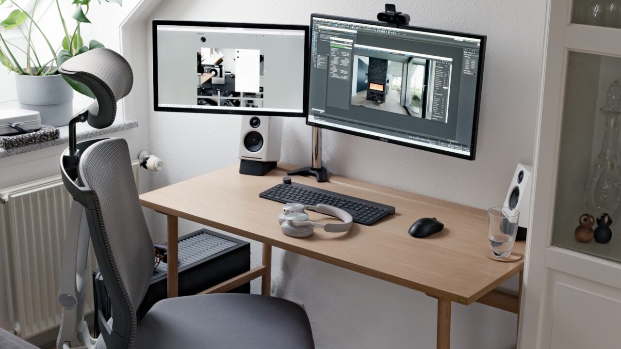 Dual monitor productivity desk setup for display comparison