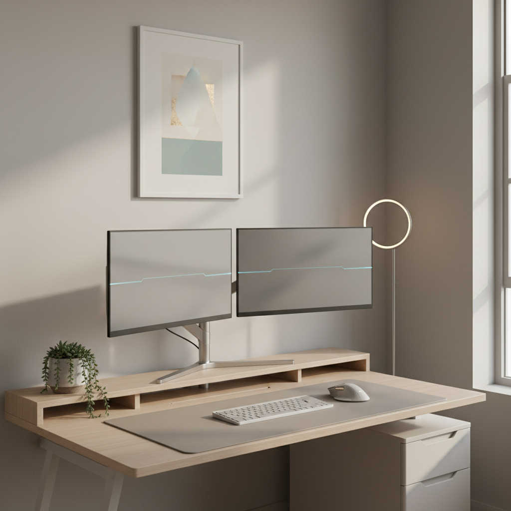 Modern, minimalist home office with dual monitors, ergonomic setup, and organized, clutter-free design.