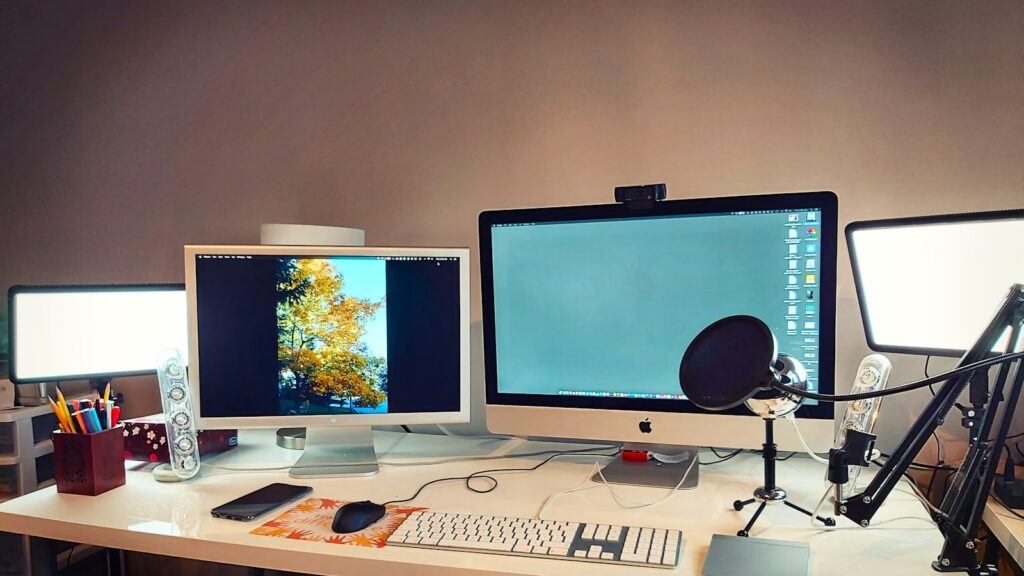 Home office desk lighting with monitor and warm lamp