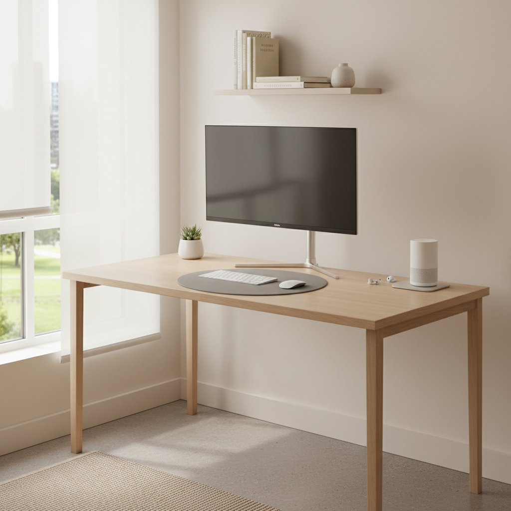 Modern minimalist home office with a sleek desk, thin monitor, wireless accessories, and bright lighting.
