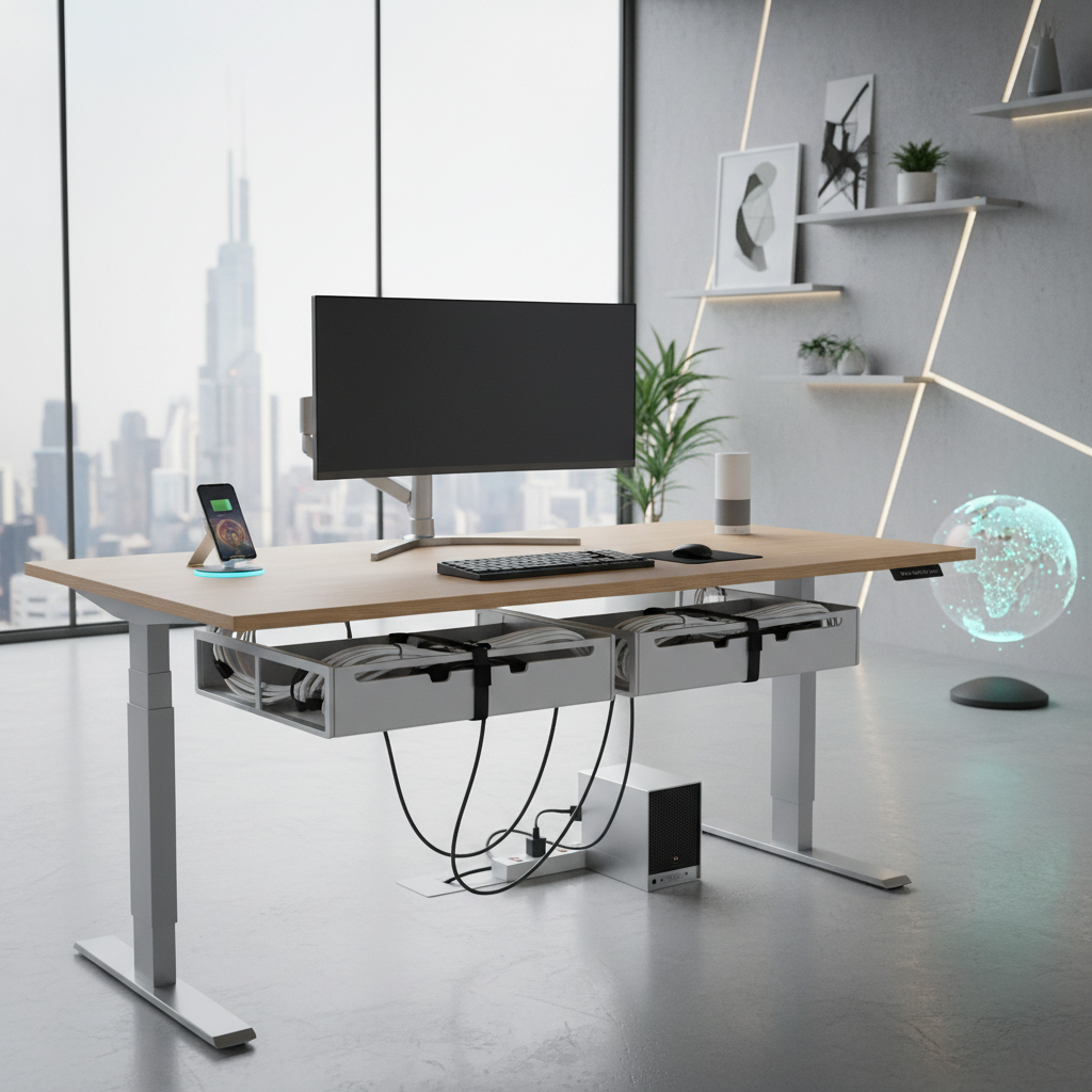 A sleek office with organized cables in visible trays under a modern standing desk and smart devices.