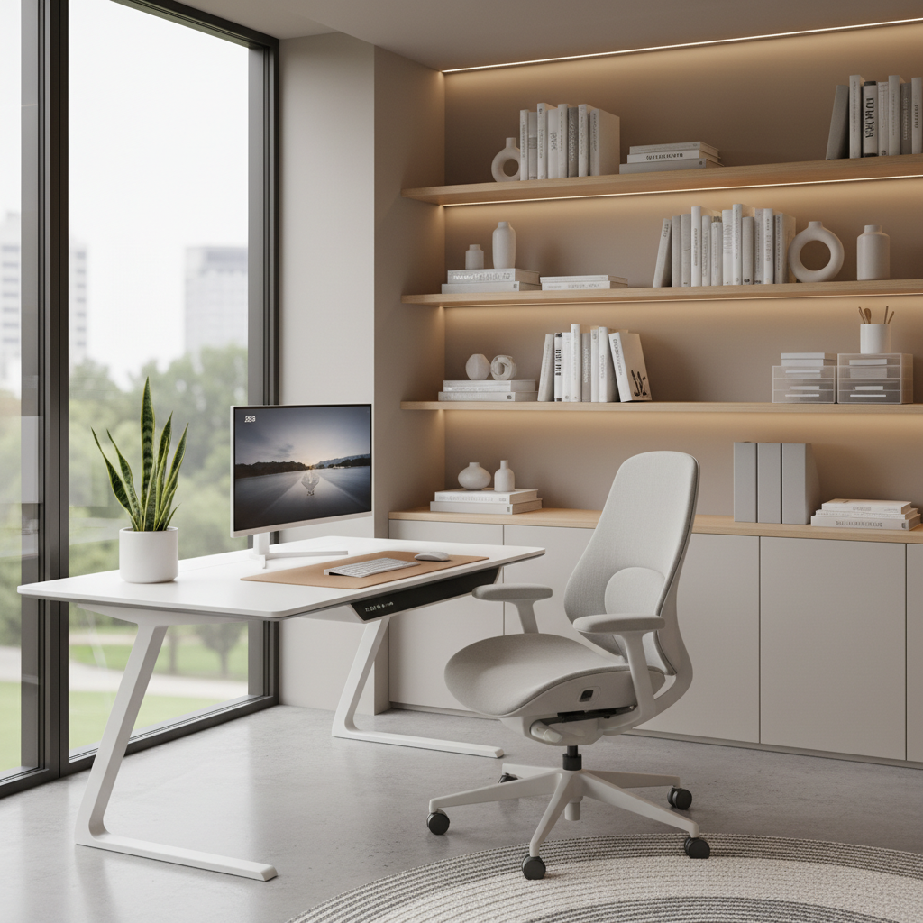 alt_text: Modern, sunlit home office with ergonomic chair, sleek desk, large monitor, and organized shelves.