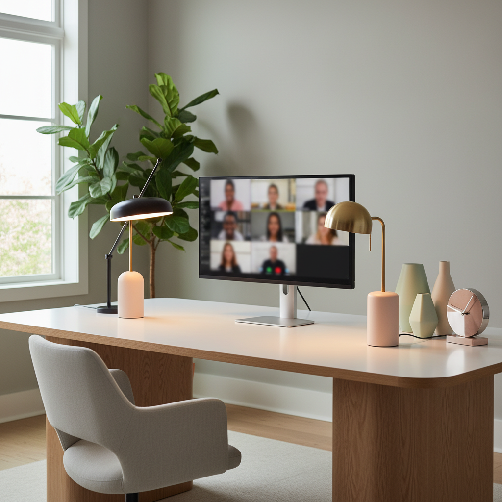 alt_text: Bright, modern workspace with stylish desk lamps and a laptop on a video call, plants in background.
