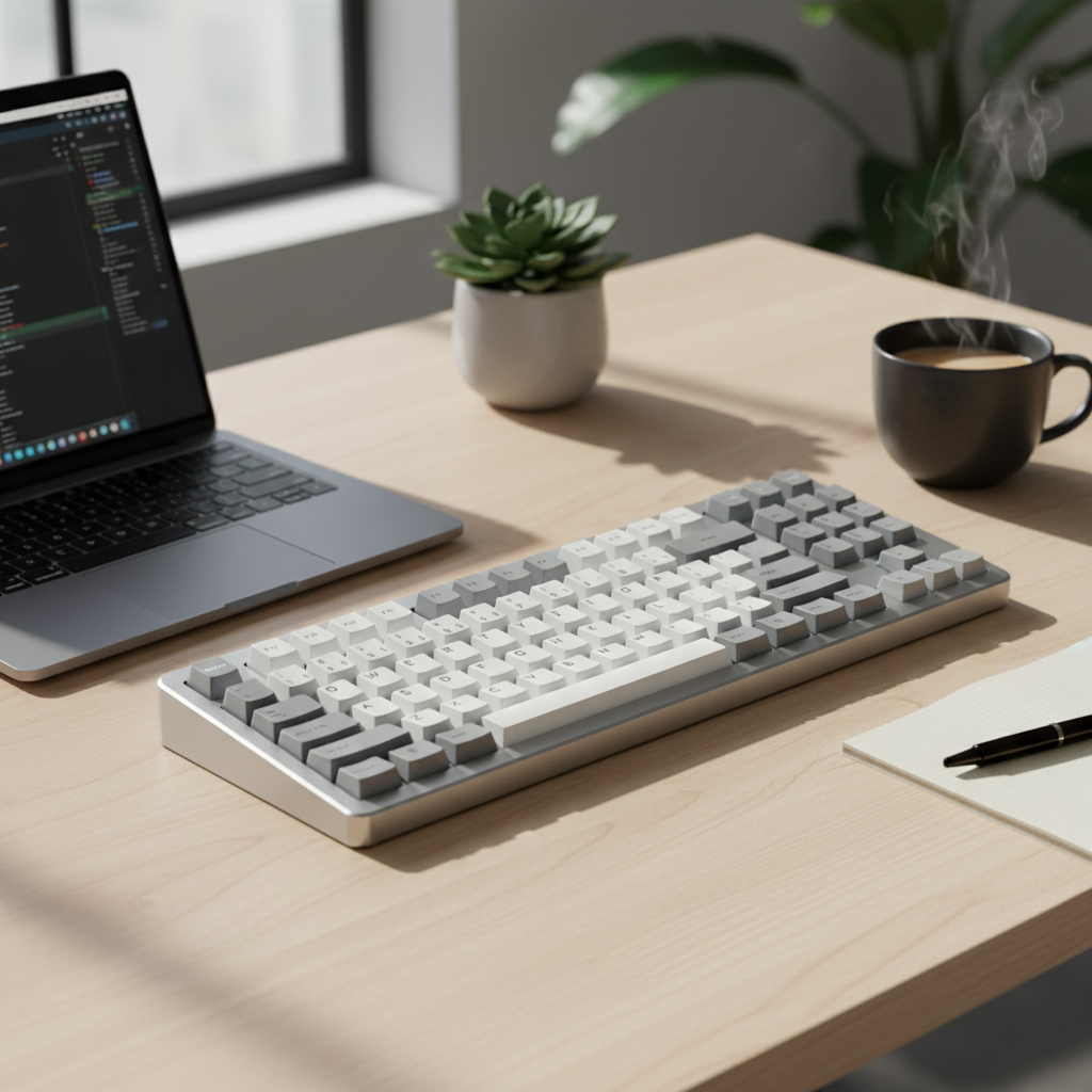 alt_text: Modern office desk with elegant keyboard, laptop, coffee, notepad, and greenery in daylight.