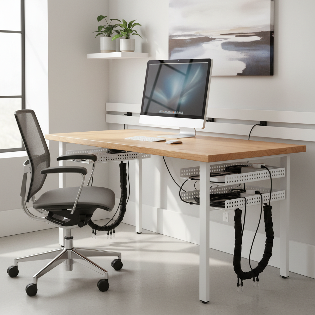 Modern home office with cable management solutions keeping desk organized and clutter-free.