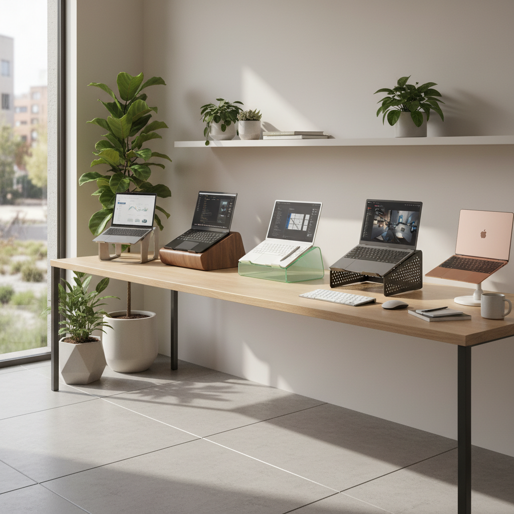 Modern home office with stylish laptop stands on a wooden desk, plants, and natural daylight.