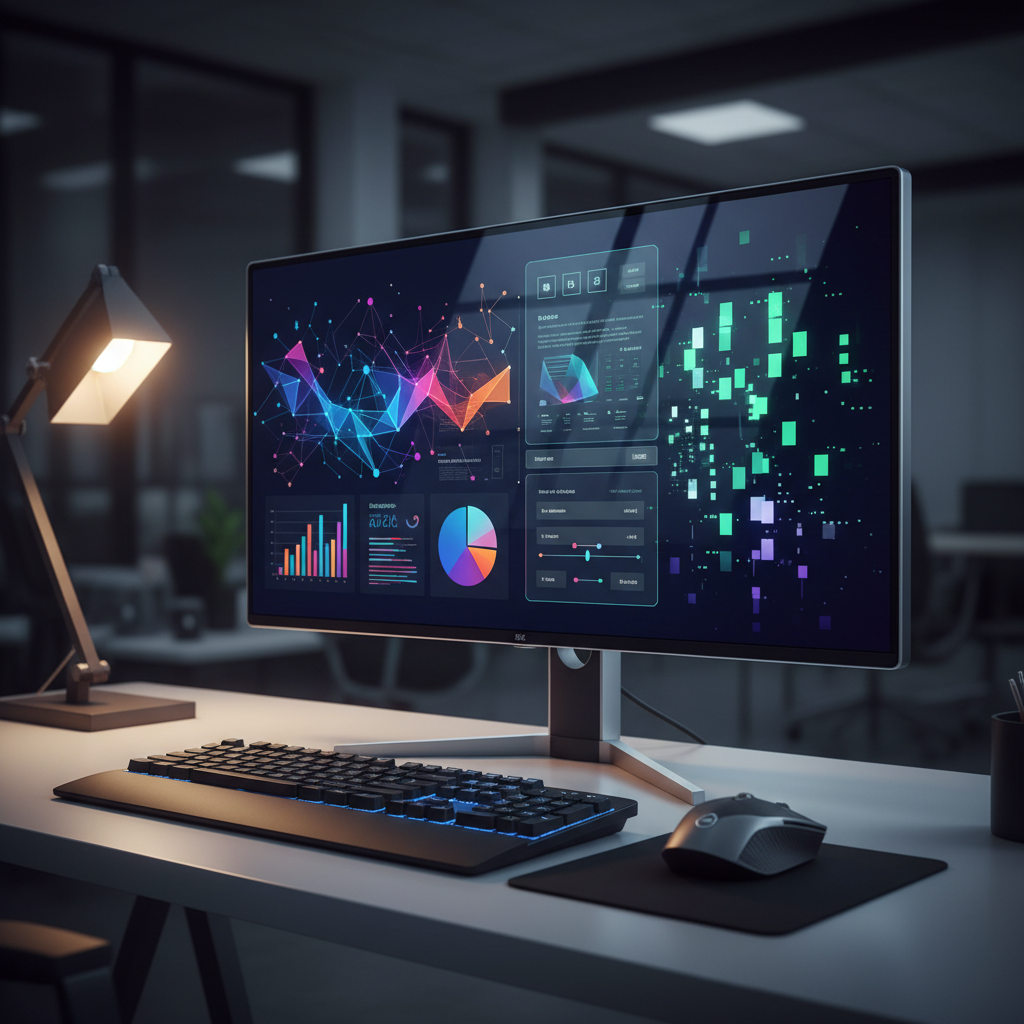Modern desk setup with a premium ultrathin monitor showing an abstract UI, keyboard, and lamp.