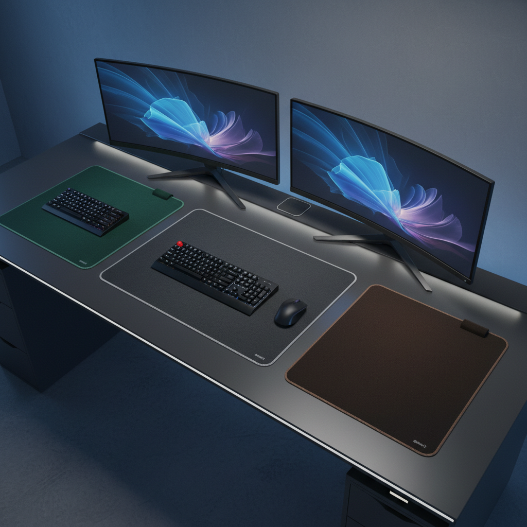 Three desk mats of varying sizes on a modern desk comparing layouts for keyboards and monitors.