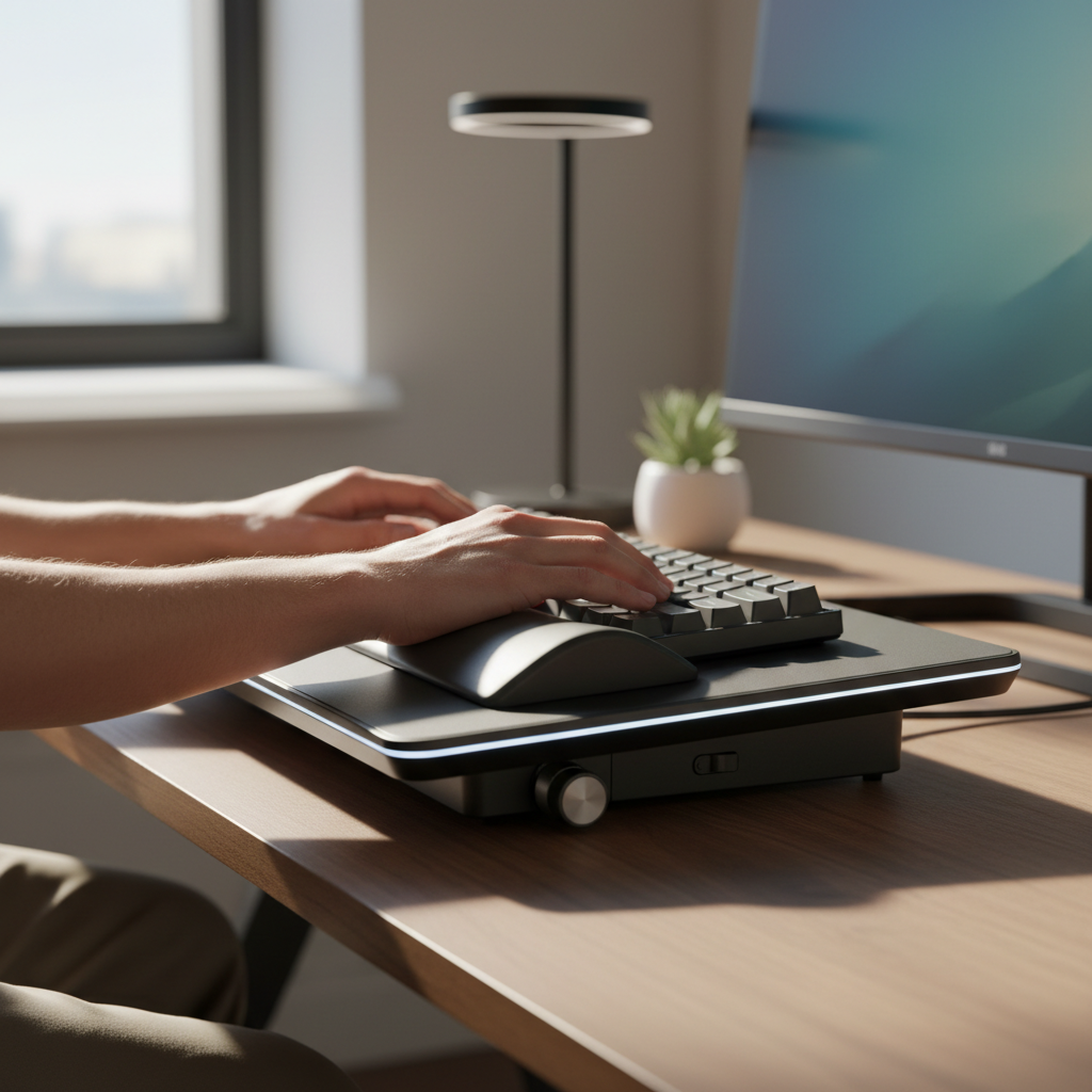 Close-up of hands on an ergonomic keyboard tray with perfect posture in a sunlit modern office.