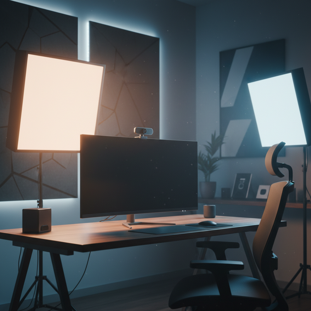 A sleek webcam on a monitor in a modern home office with professional studio lighting.