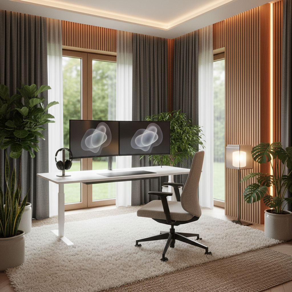 Soundproof modern home office with acoustic panels, smart desk, noise-canceling headphones.