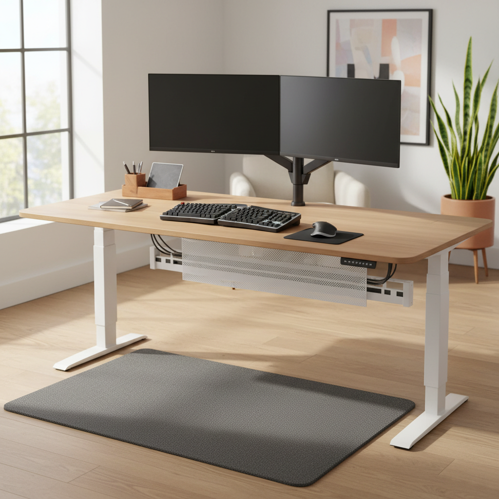 Sunlit minimalist home office with a premium standing desk, ergonomic setup, and a plant.