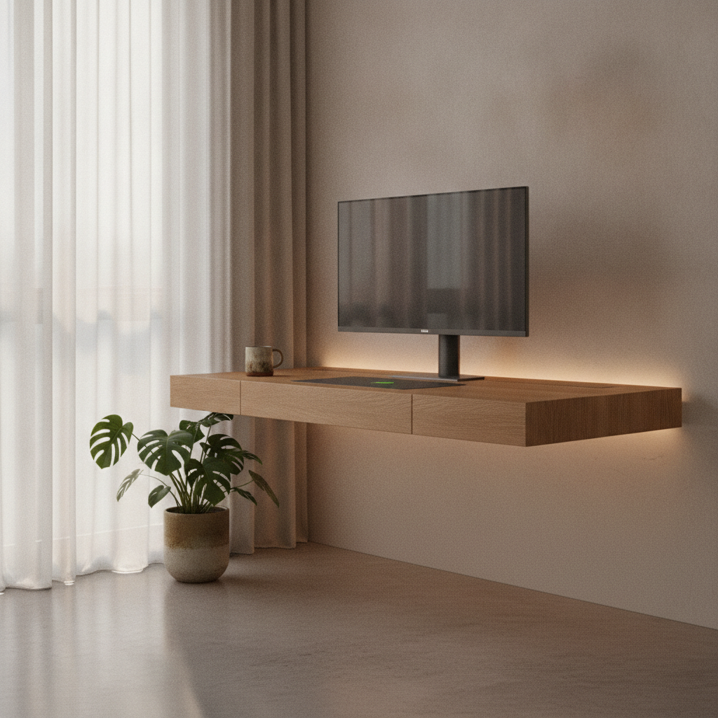 Sunlit minimalist home office with floating oak desk, monitor, monstera plant, and coffee mug.