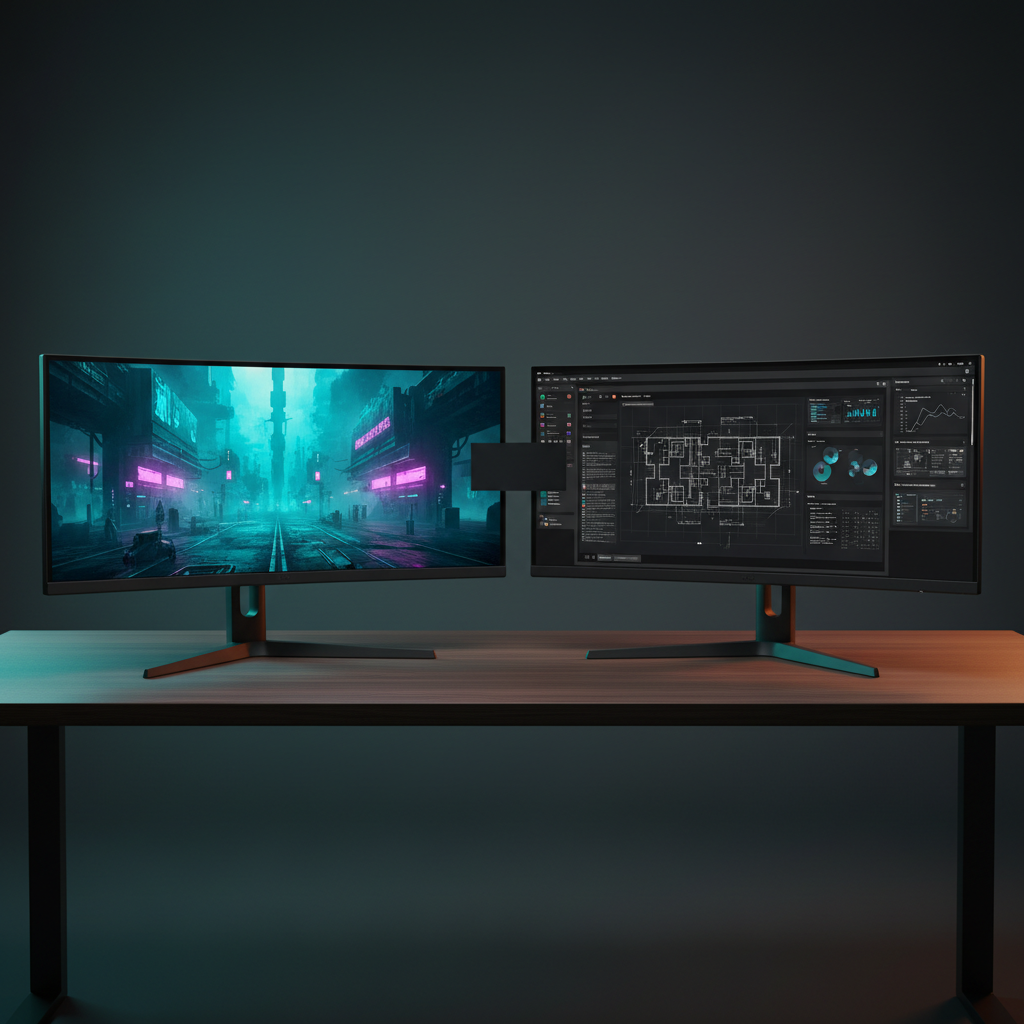 49-inch ultrawide vs dual monitors on a desk, highlighting the physical center bezel gap.