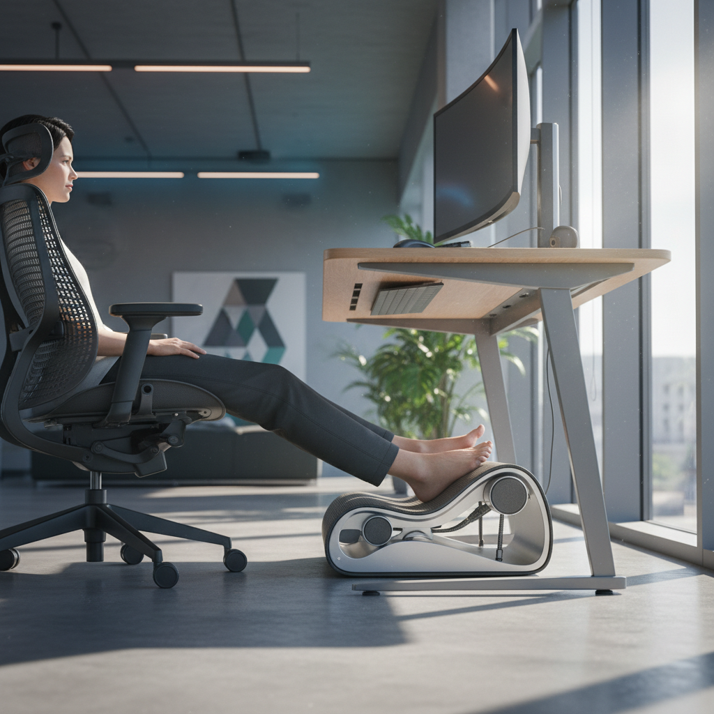 Professional's legs on an adjustable ergonomic footrest under a modern smart desk.
