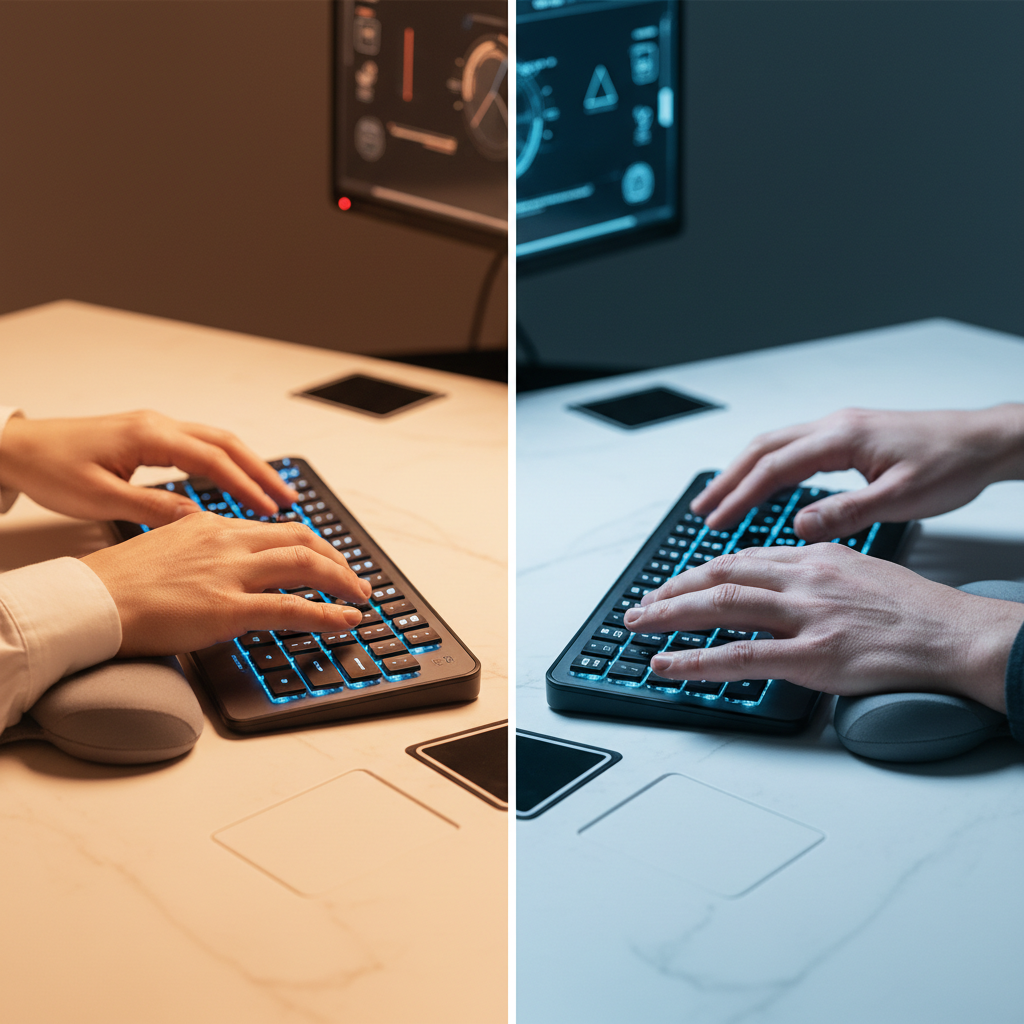 Split-screen of relaxed typing with an ergonomic wrist rest versus strained typing without one.