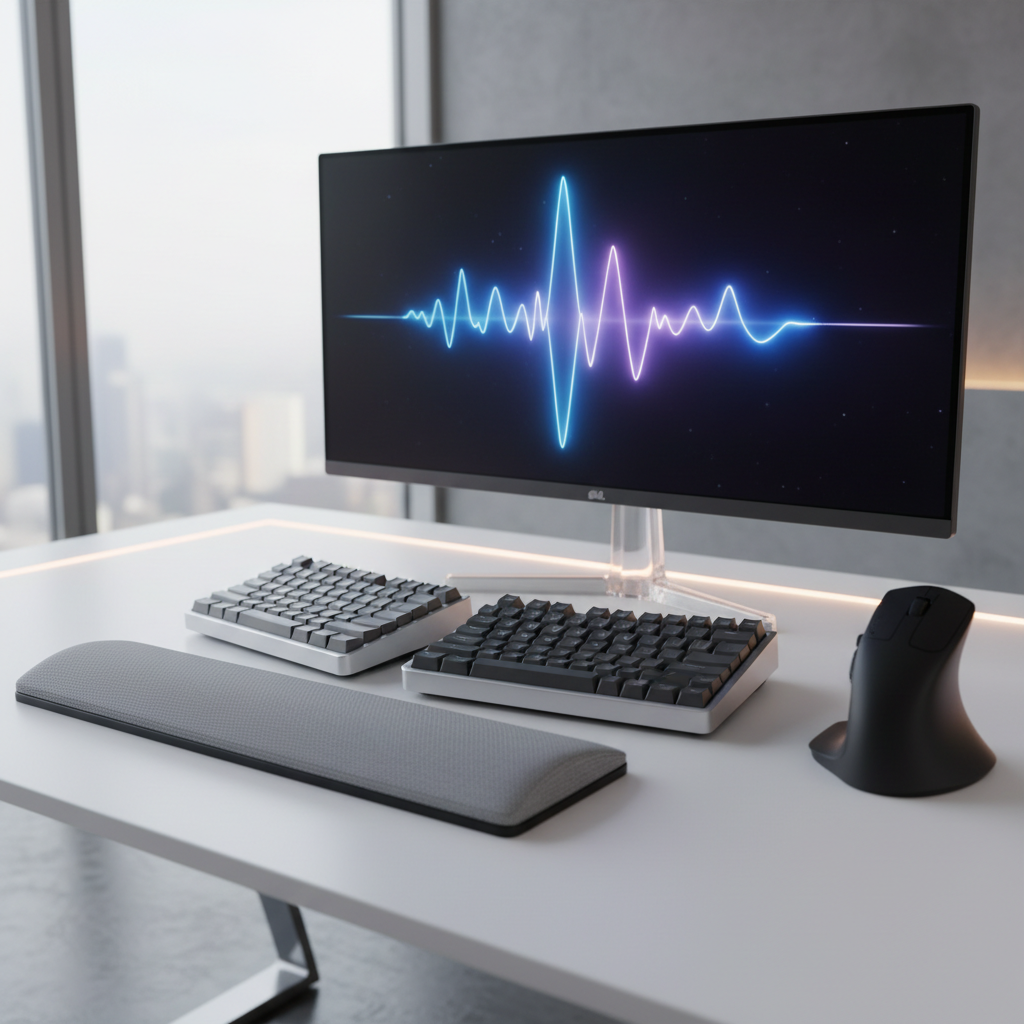 Split ergonomic keyboard and vertical mouse on a sleek desk, highlighting perfect ergonomic posture.