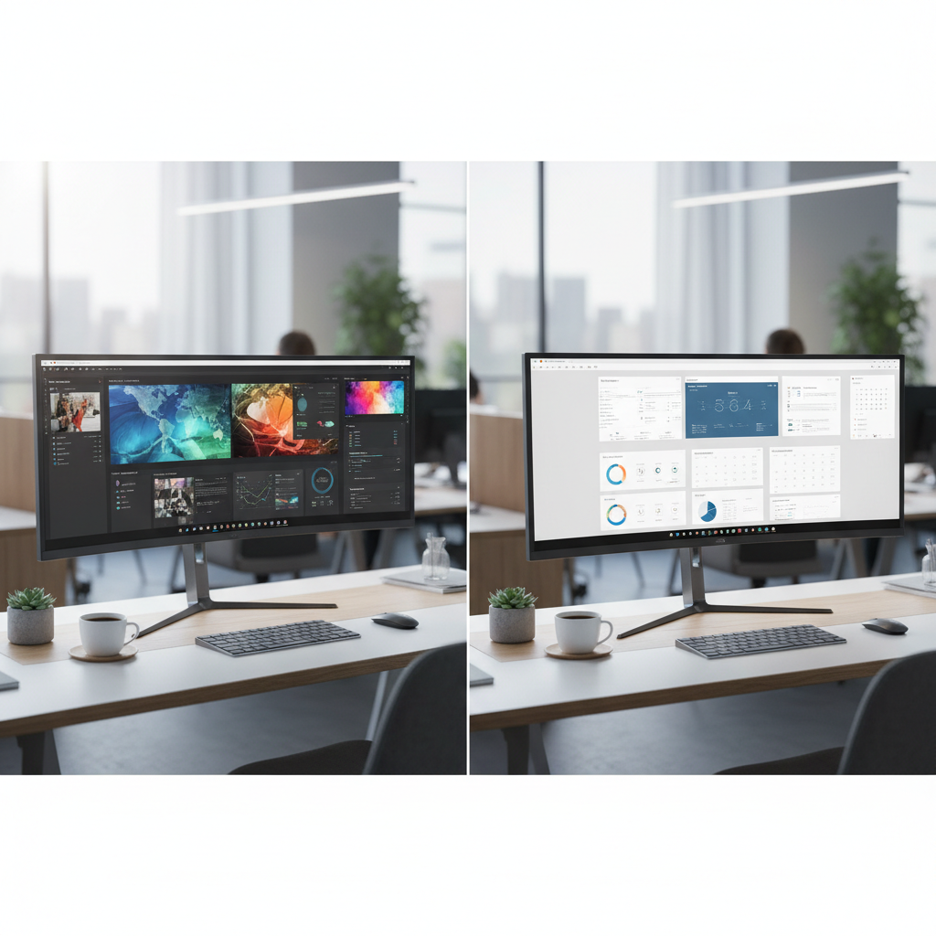 Curved ultra-wide vs flat monitor comparison on a modern office desk.