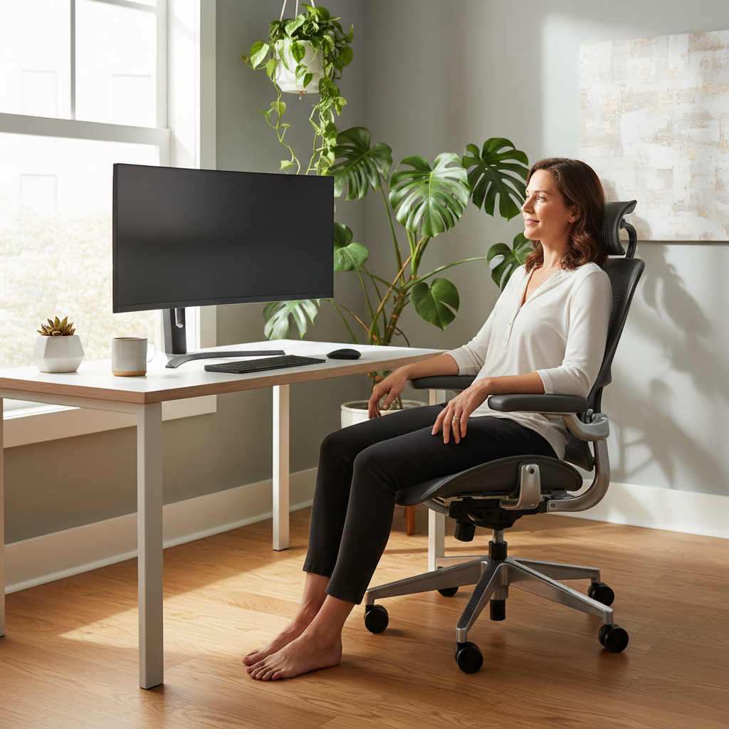 Person with perfect posture in an ergonomic chair at a sunlit, minimalist home office desk.
