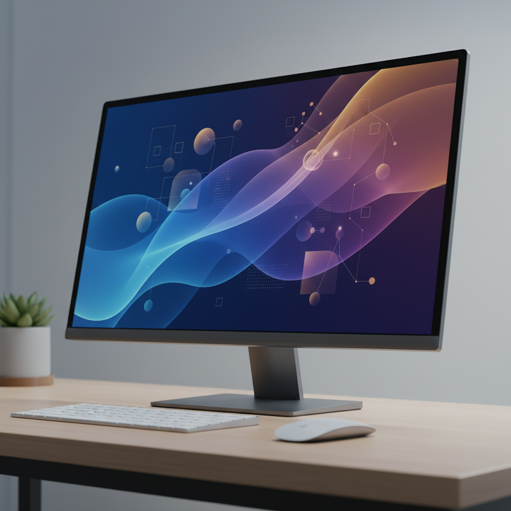 Slim monitor on a minimalist desk showing a blank abstract UI, keyboard, and small green plant.
