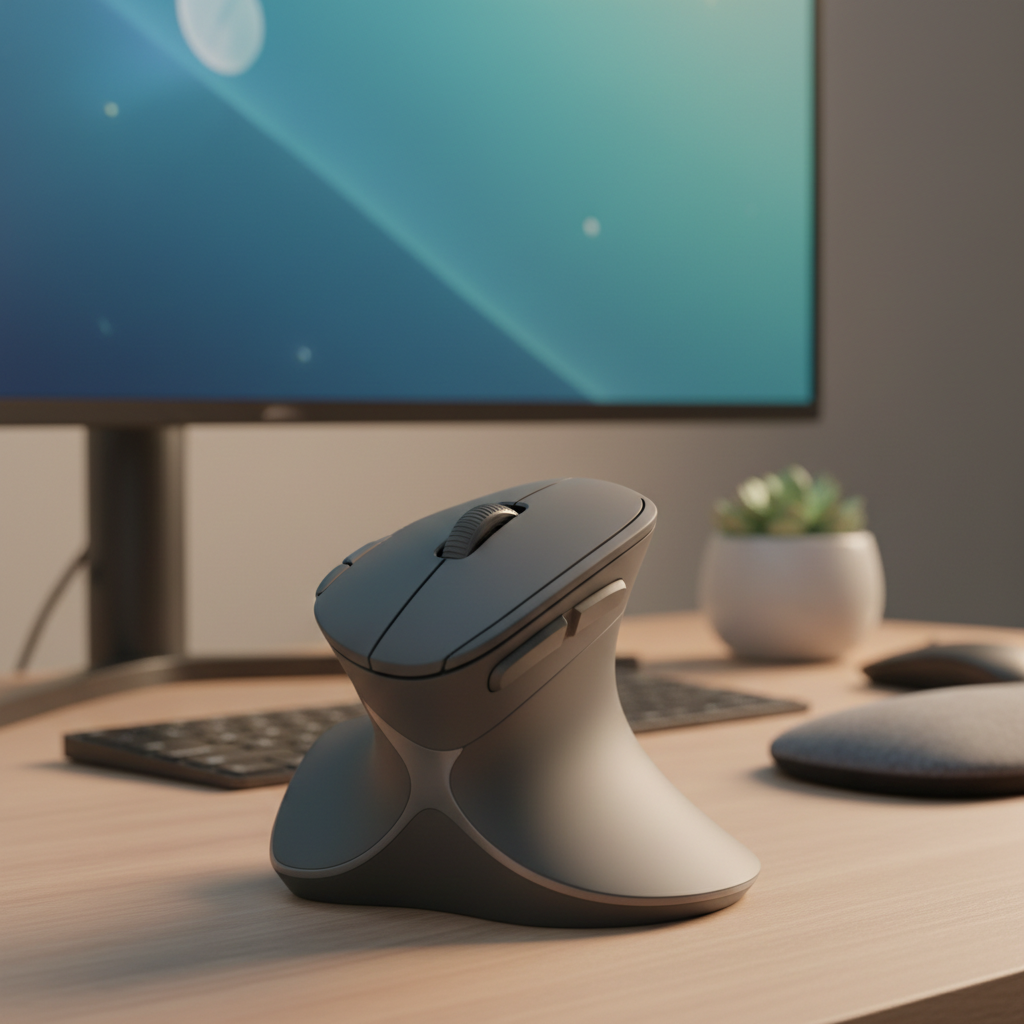 Sleek dark grey vertical ergonomic mouse for wrist pain relief.