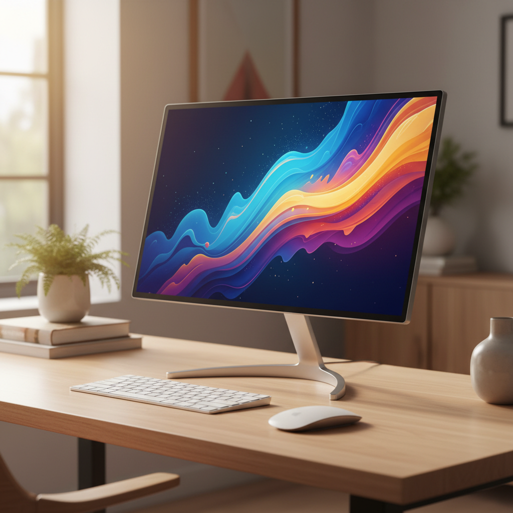 Sleek modern monitor on a sunlit oak desk with a wireless keyboard and plant