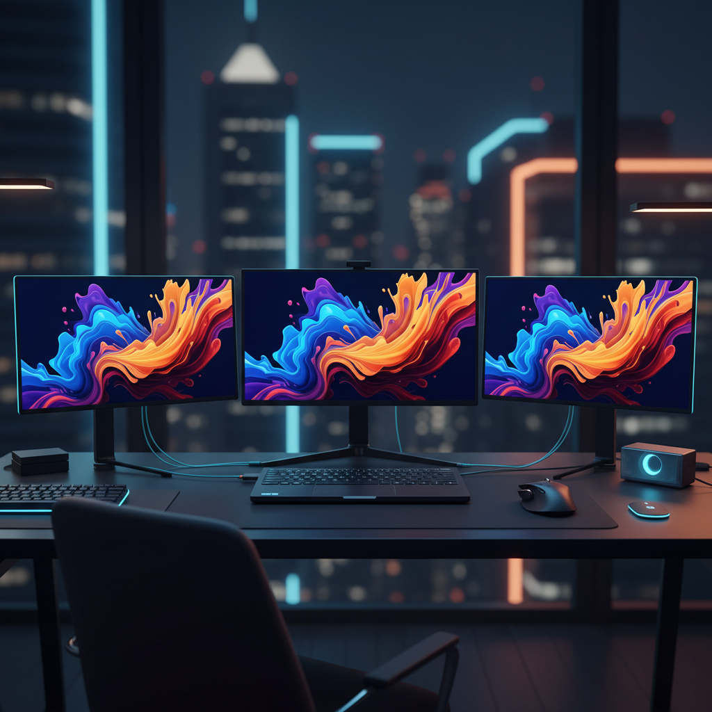 Sleek laptop and two thin portable monitors on a dark desk with neon lighting.