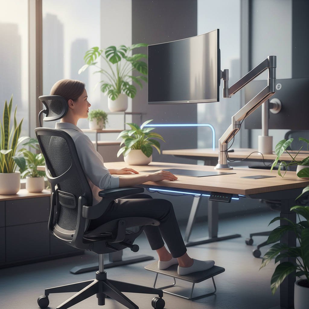 Ergonomic office setup showing perfect posture and a monitor aligned at eye level.
