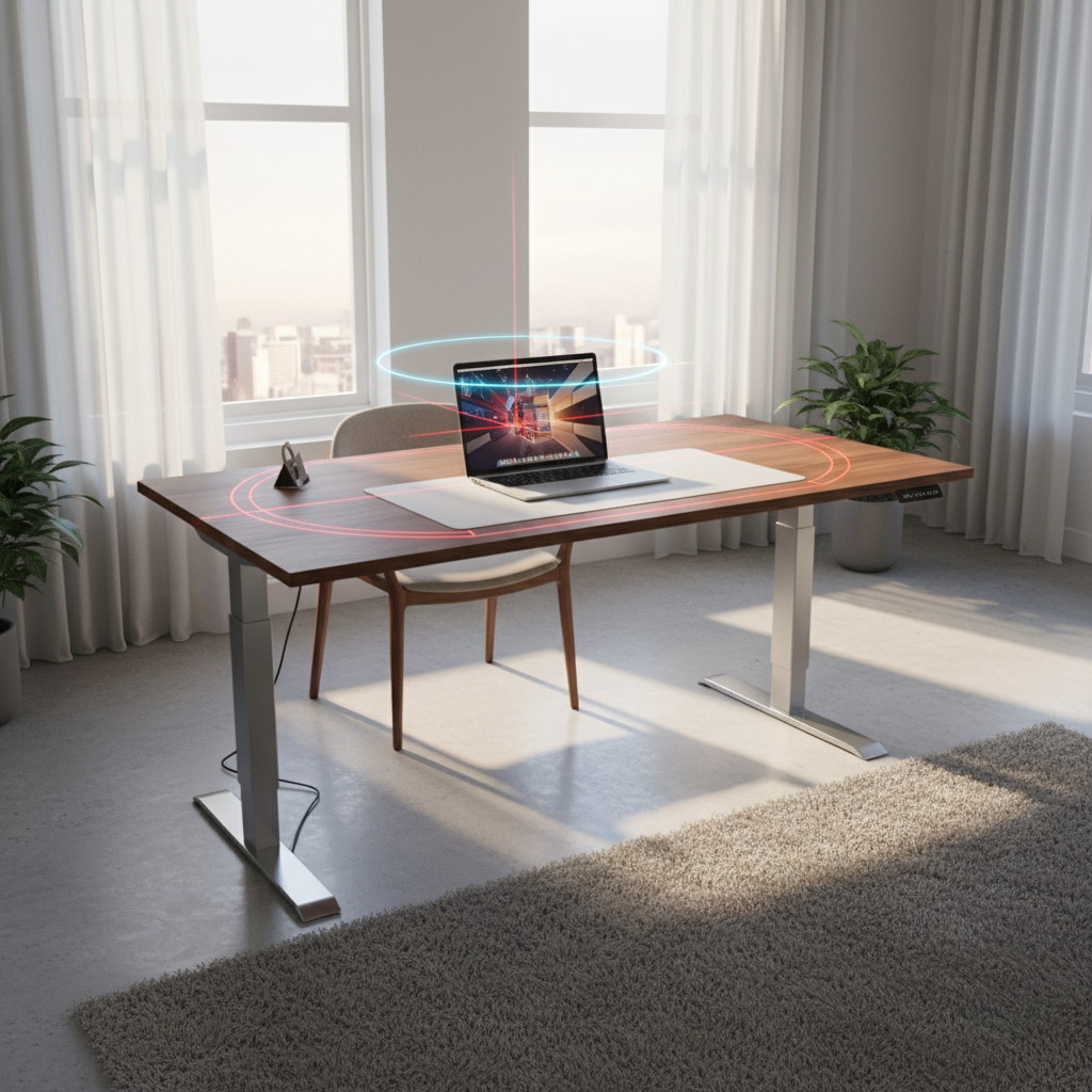 Ultra-modern standing desk with glowing height rings in a sunlit luxury home office.