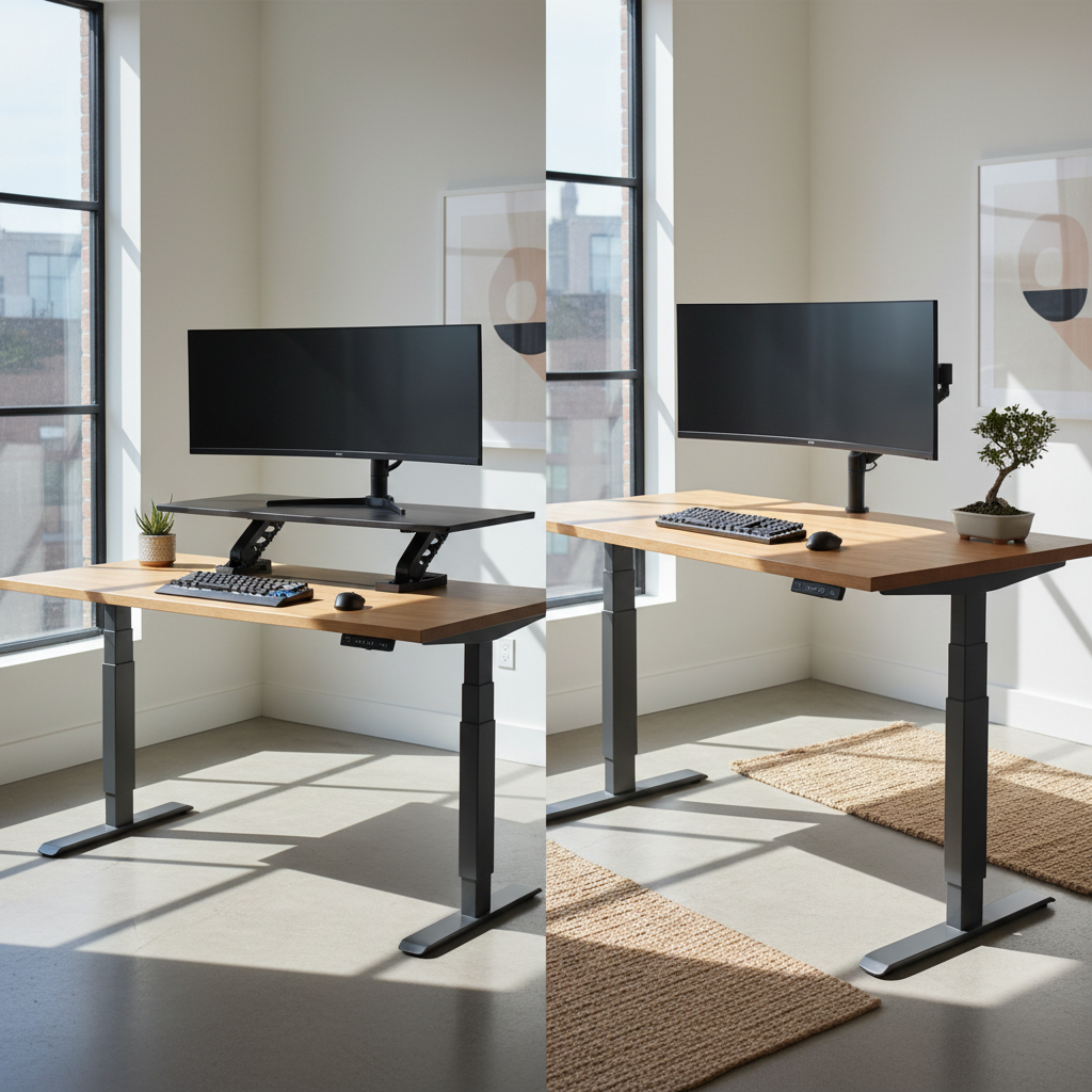Two ergonomic setups: a standing desk converter beside a full-size motorized standing desk.