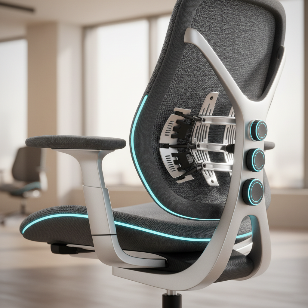 Futuristic ergonomic office chair with glowing cyan lumbar support in a modern office.