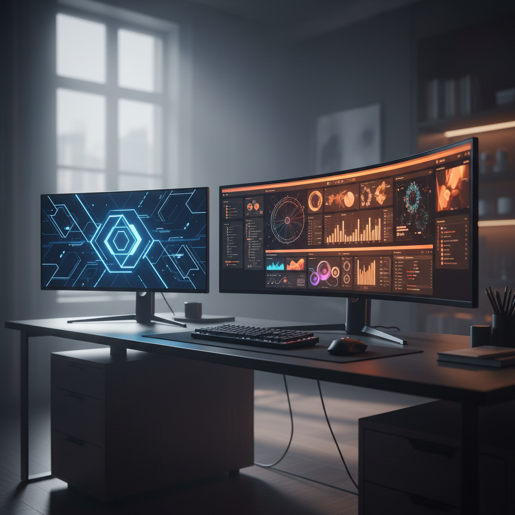 Sleek workspace comparing a 32-inch 4K and a 49-inch curved ultrawide monitor with dual lights.