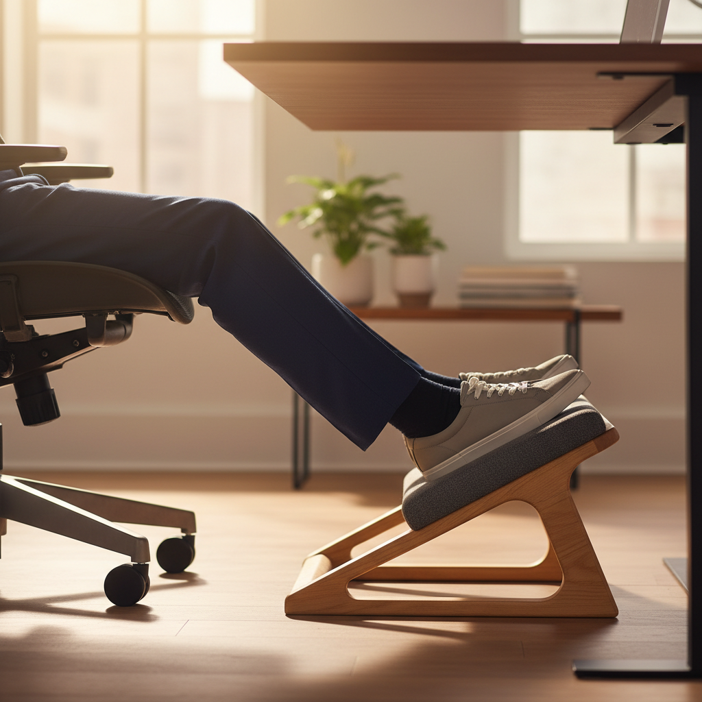 Feet on a dark memory foam and wooden ergonomic footrest under a sleek desk in a sunny office.