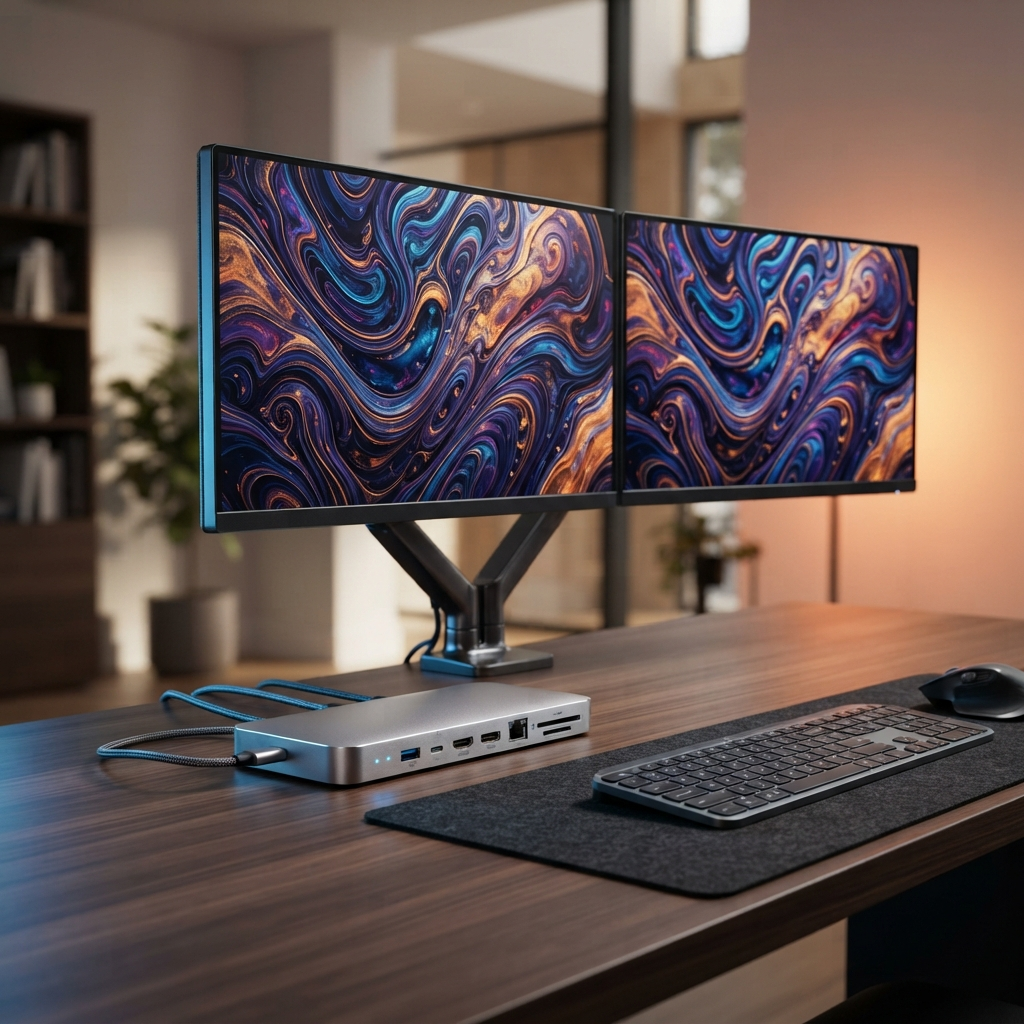 Metallic USB-C dock connected to two 4K monitors on a sleek desk with cinematic lighting.