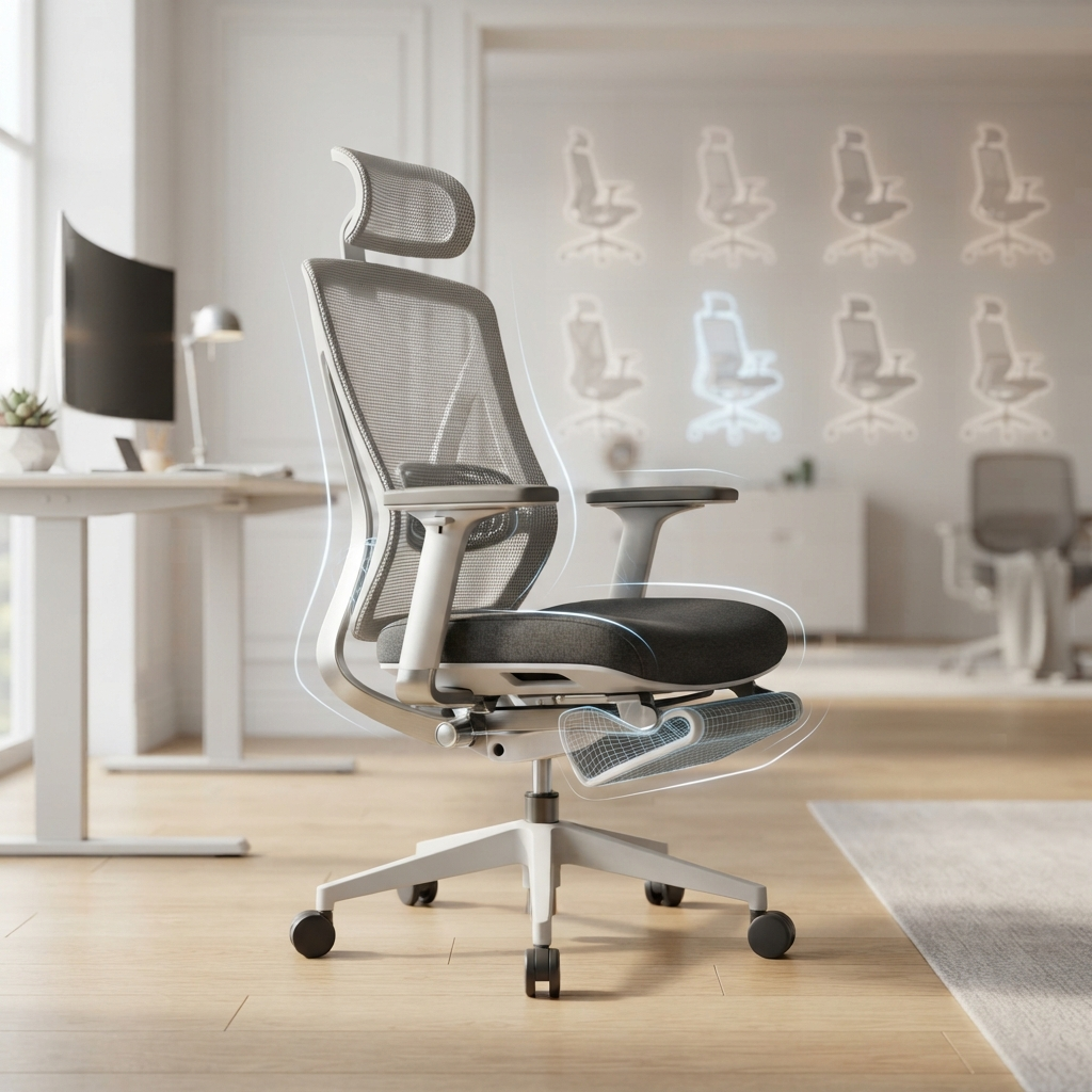 Ergonomic office chair for petite users in a bright minimalist workspace with glowing tech lines.