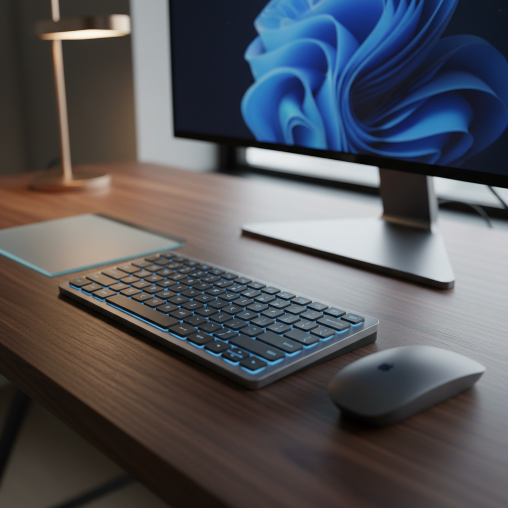 Sleek Mac desk with a space-gray wireless keyboard, mouse, and trackpad on dark walnut wood.